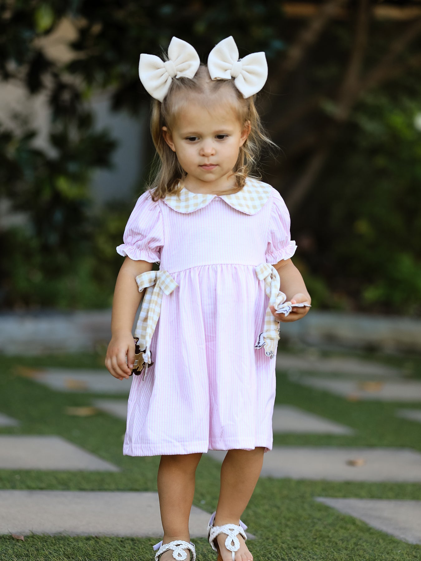 Farm Horse Bow Girls Dress – Pink Stripes