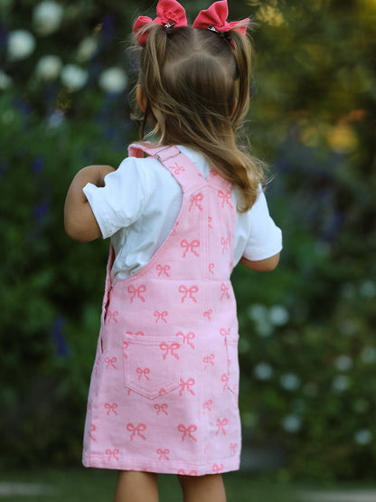 Pink Bow Denim Overall Dress for Girls