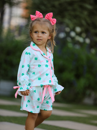 St. Patrick's Day Bow Shamrock Print Ruffles Girls Pajama Set