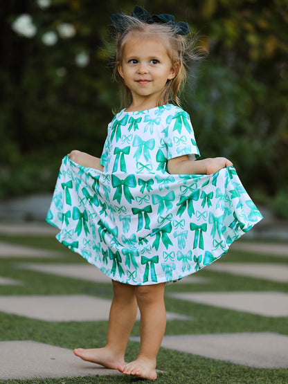 St. Patrick's Day Bow Print  Short Sleeves Girls Dress