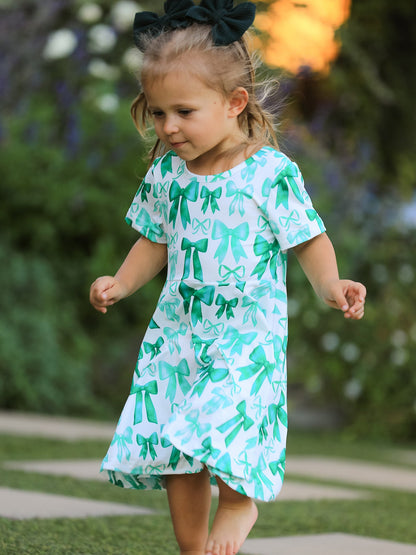 St. Patrick's Day Bow Print  Short Sleeves Girls Dress
