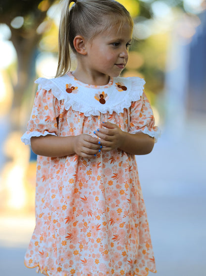 Thanksgiving Turkey Floral Lace Ruffle Girls Dress
