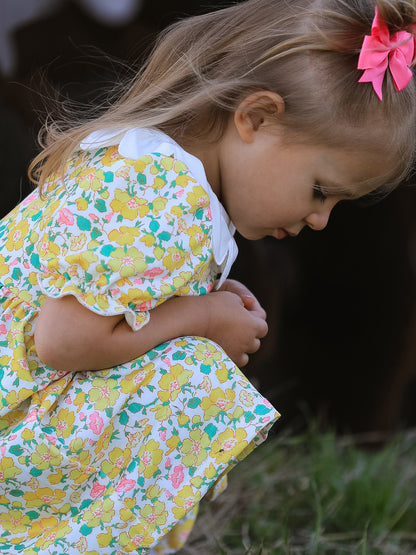Easter Yellow Chick Embroidery Floral Girl Dress Petal Collar