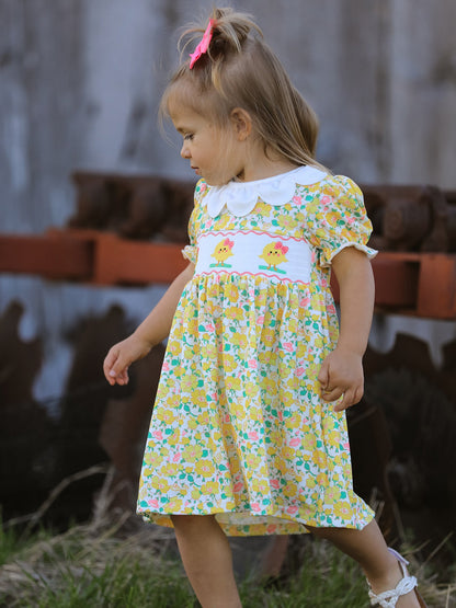 Easter Yellow Chick Embroidery Floral Girl Dress Petal Collar