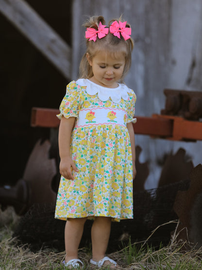 Easter Yellow Chick Embroidery Floral Girl Dress Petal Collar