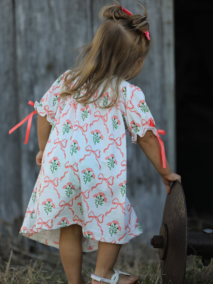 Spring Floral Smocking Embroidery Bow Girls Dress