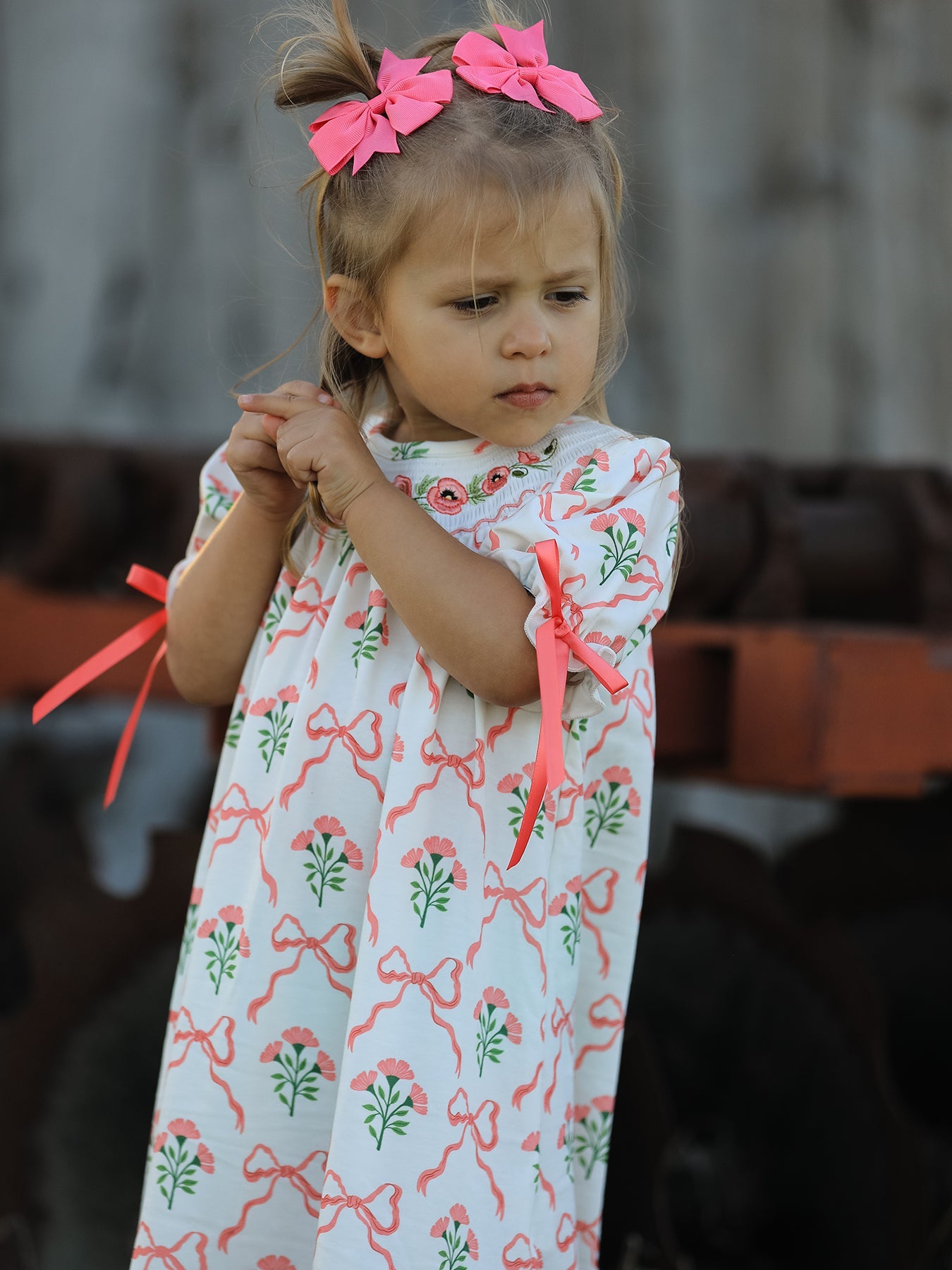 Spring Floral Smocking Embroidery Bow Girls Dress