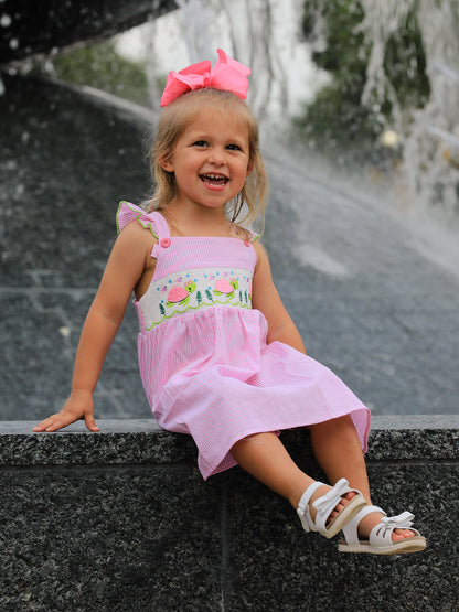 Turtle Girls Dress Pink Stripe Ruffle Strap