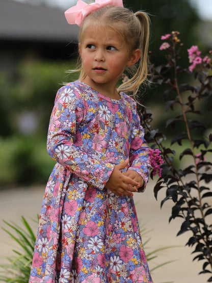 Fall Vintage Floral Print Girls Long Sleeve Twirl Dress