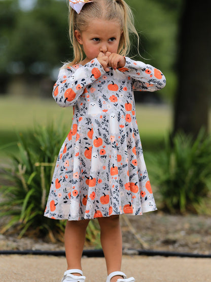 Halloween Pumpkin Ghost Girls Dress Long Sleeve Twirl Dress