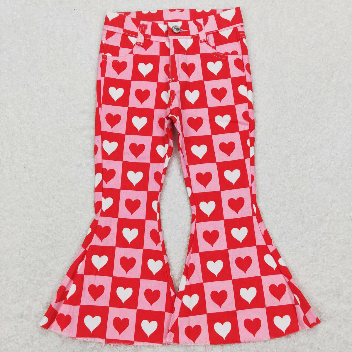 Sibling Baby Girls Hearts Flowers Bell Bottom Denim Pants Jeans