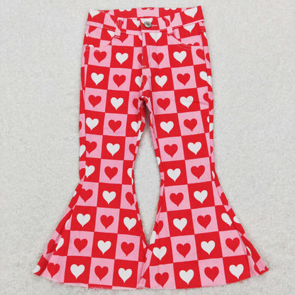 Sibling Baby Girls Hearts Flowers Bell Bottom Denim Pants Jeans