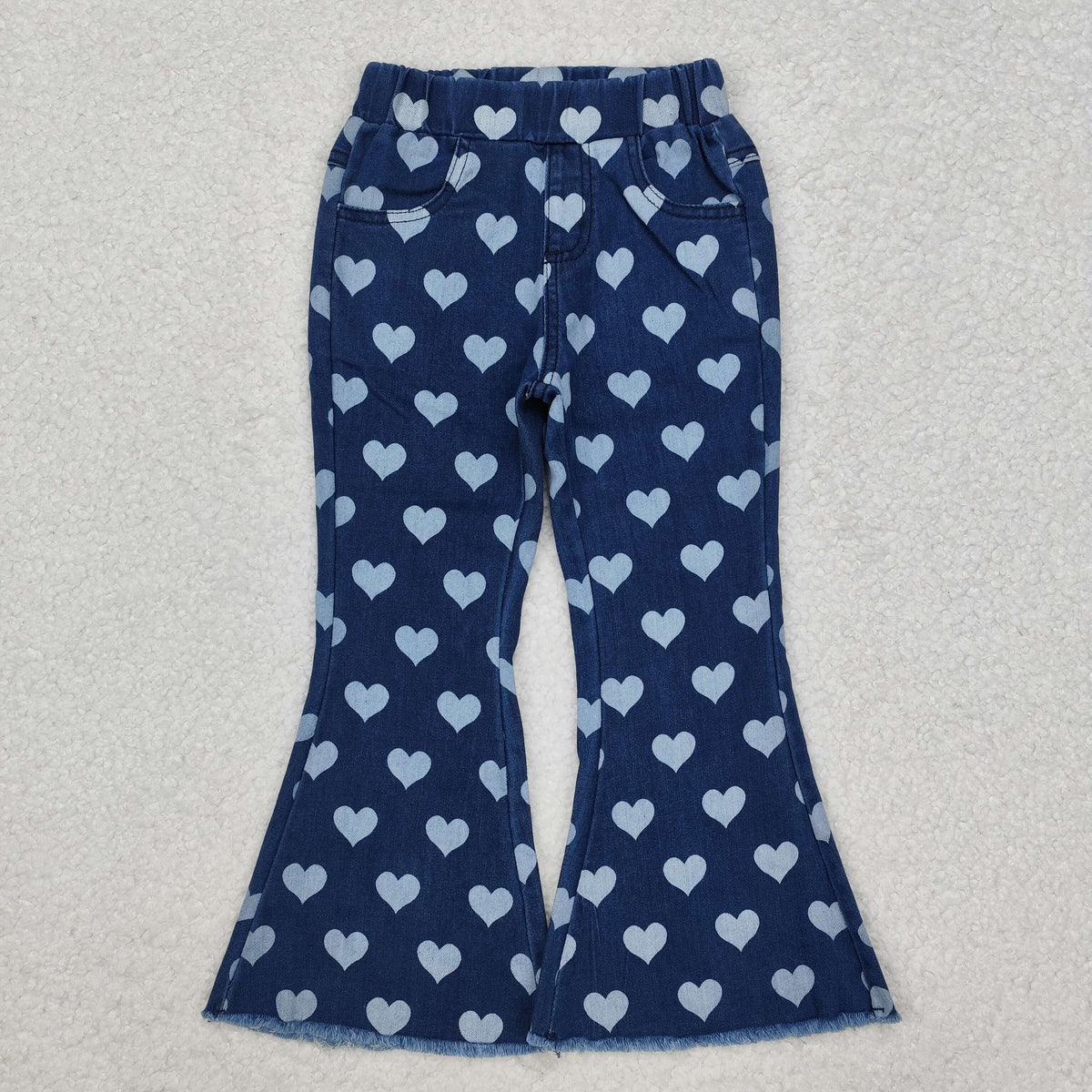 Sibling Baby Girls Hearts Flowers Bell Bottom Denim Pants Jeans