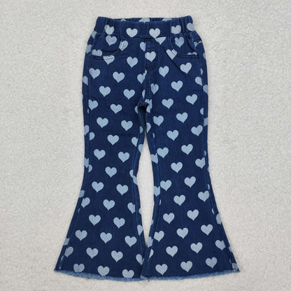 Sibling Baby Girls Hearts Flowers Bell Bottom Denim Pants Jeans
