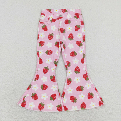 Sibling Baby Girls Hearts Flowers Bell Bottom Denim Pants Jeans