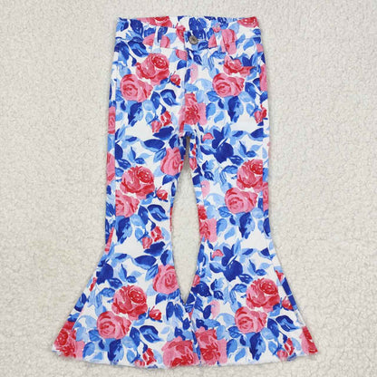 Sibling Baby Girls Hearts Flowers Bell Bottom Denim Pants Jeans
