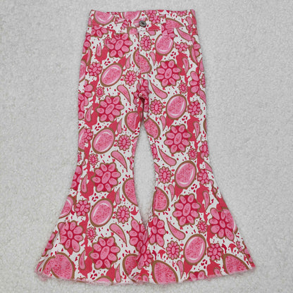 Sibling Baby Girls Hearts Flowers Bell Bottom Denim Pants Jeans