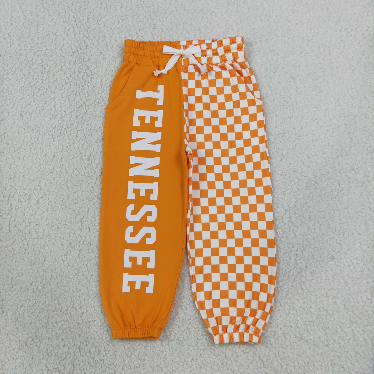 P1058 Baby Boys Orange Checked Vinyl Tennessee Team Pockets Joggers Bottom