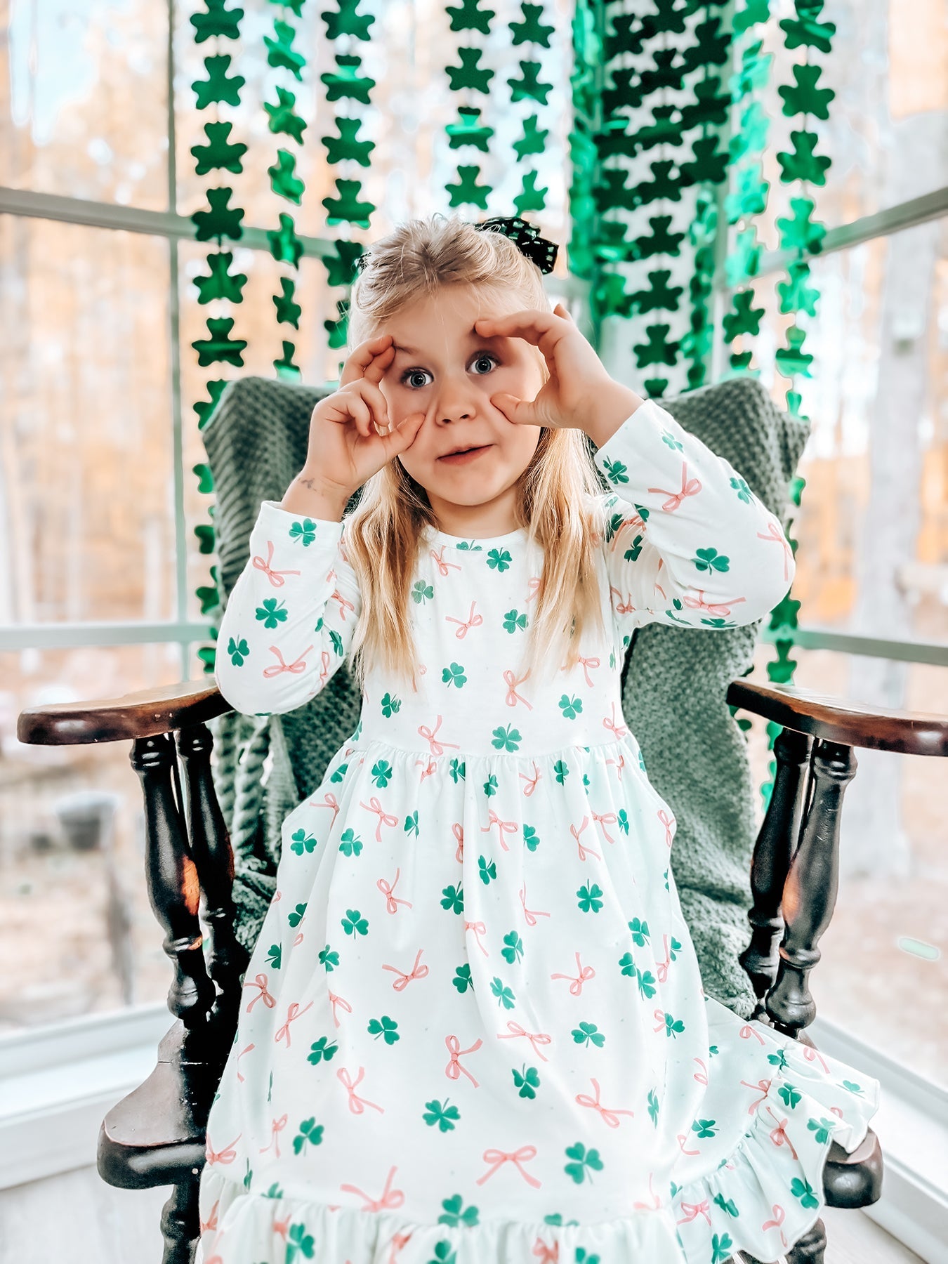 St. Patrick's Day Bow Shamrock Print Ruffles Girls Dress