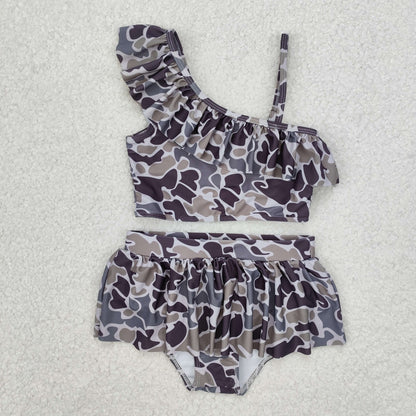 Sibling Baby Girls Strap Western Camo Print Ruffle Swimsuits