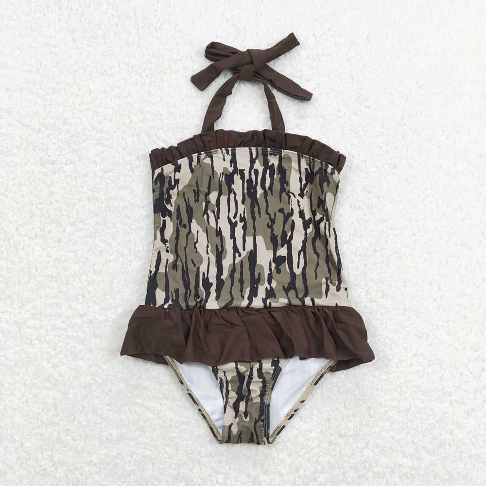 Sibling Baby Girls Strap Western Camo Print Ruffle Swimsuits