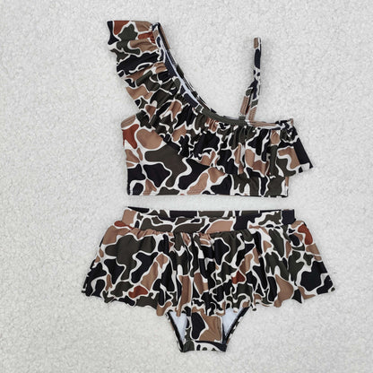Sibling Baby Girls Strap Western Camo Print Ruffle Swimsuits