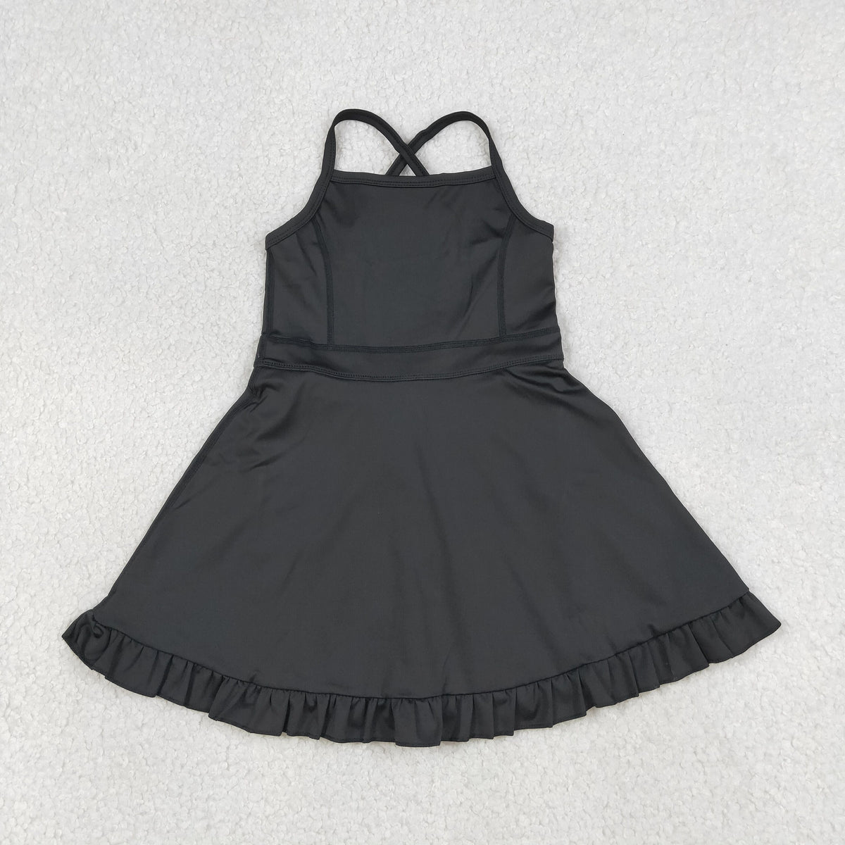 S0552 Baby Girls Black Strap Yoga Active Short Ruffle Knee Length Dress