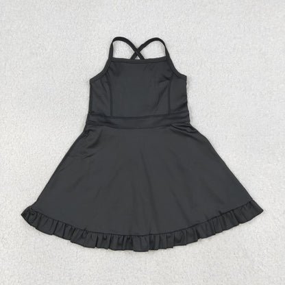 S0552 Baby Girls Black Strap Yoga Active Short Ruffle Knee Length Dress