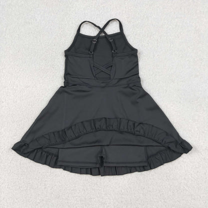 S0552 Baby Girls Black Strap Yoga Active Short Ruffle Knee Length Dress