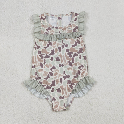 S0595 Baby Girls Sleeveless Southern Khak Camo Ruffle Swimsuits