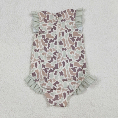 S0595 Baby Girls Sleeveless Southern Khak Camo Ruffle Swimsuits