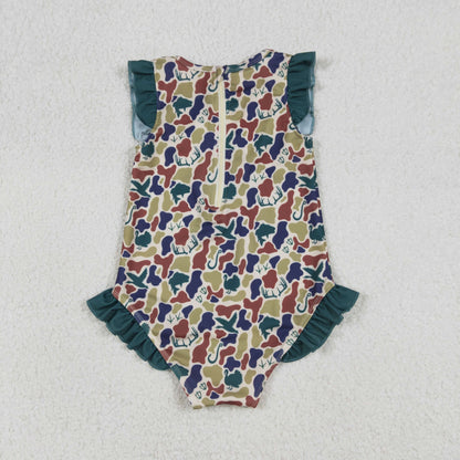 S0598 Baby Girls Sleeveless Southern Hunting Dogs Deer Camo Ruffle Swimsuits