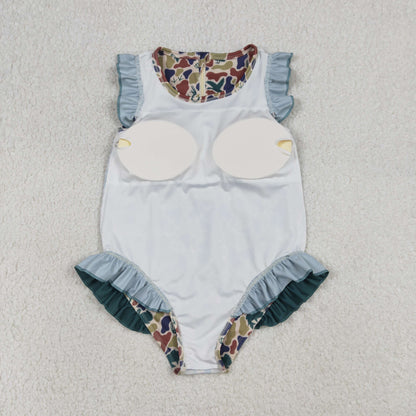 S0598 Baby Girls Sleeveless Southern Hunting Dogs Deer Camo Ruffle Swimsuits
