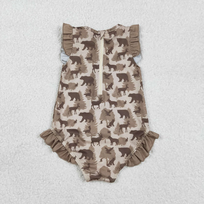 S0599 Baby Girls Sleeveless Southern Hunting Bears Deer Camo Ruffle Swimsuits