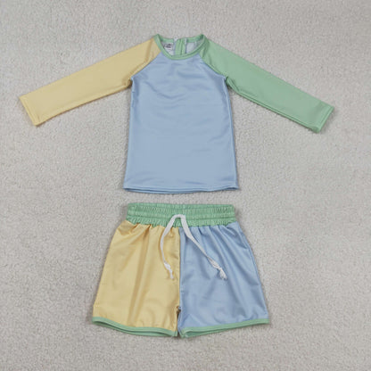 Sibling Baby Kids Patchwork Long Sleeve Back Zip Top Bummies Short Swimsuits