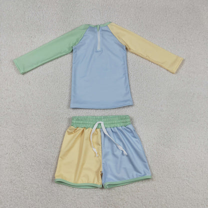 Sibling Baby Kids Patchwork Long Sleeve Back Zip Top Bummies Short Swimsuits