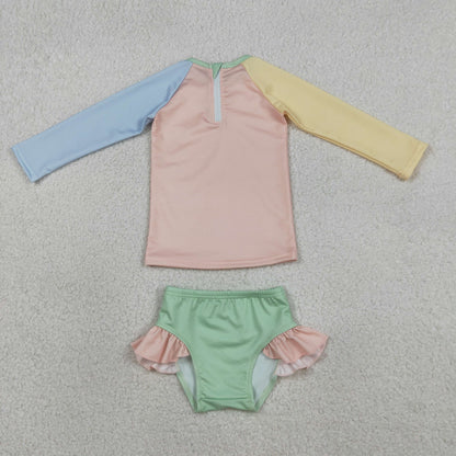 Sibling Baby Kids Patchwork Long Sleeve Back Zip Top Bummies Short Swimsuits