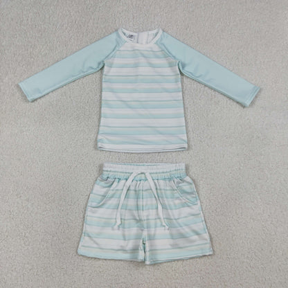 Sibling Baby Boys Light Blue Stripe Long Sleeve Top Short Back Zip Swimsuits