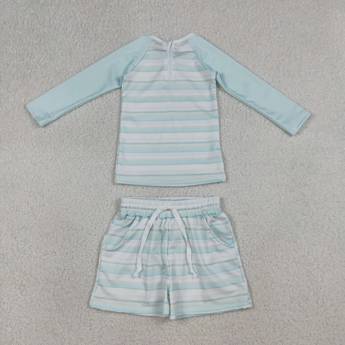 Sibling Baby Boys Light Blue Stripe Long Sleeve Top Short Back Zip Swimsuits