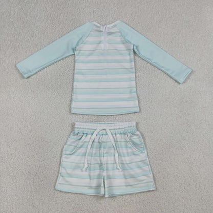 Sibling Baby Boys Light Blue Stripe Long Sleeve Top Short Back Zip Swimsuits