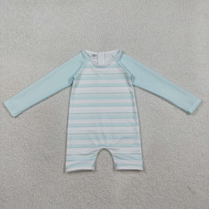 Sibling Baby Boys Light Blue Stripe Long Sleeve Top Short Back Zip Swimsuits