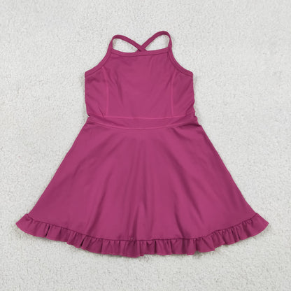 S0778 Baby Girls Maroon Strap Yoga Active Short Ruffle Knee Length Dress