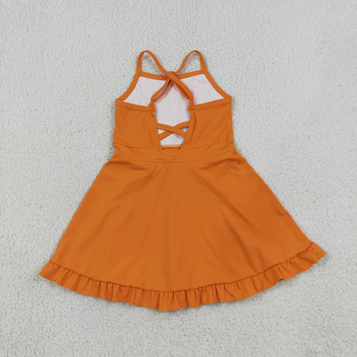 S0780 Baby Girls Orange Strap Yoga Active Short Ruffle Knee Length Dress