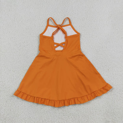 S0780 Baby Girls Orange Strap Yoga Active Short Ruffle Knee Length Dress