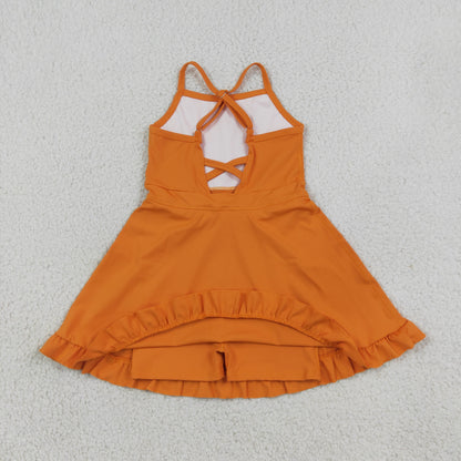 S0780 Baby Girls Orange Strap Yoga Active Short Ruffle Knee Length Dress