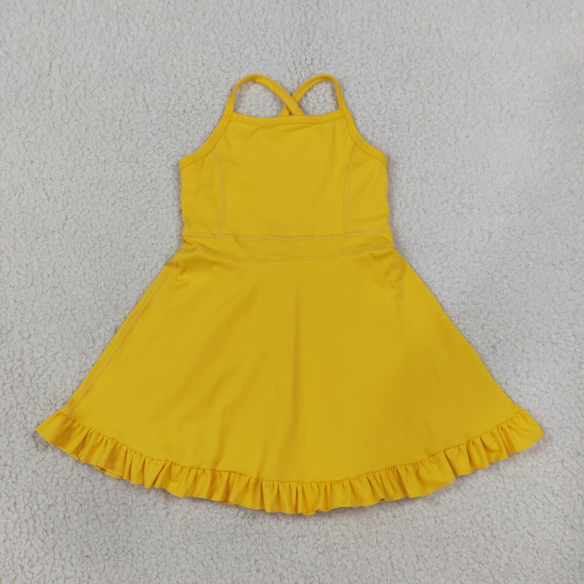 S0781 Baby Girls Yellow Strap Yoga Active Short Ruffle Knee Length Dress