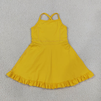S0781 Baby Girls Yellow Strap Yoga Active Short Ruffle Knee Length Dress