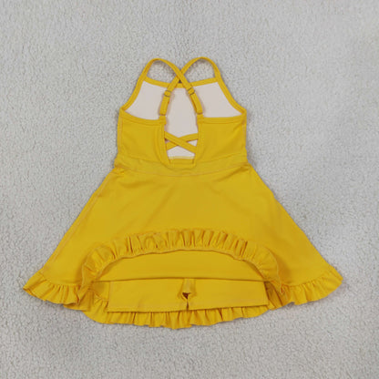 S0781 Baby Girls Yellow Strap Yoga Active Short Ruffle Knee Length Dress