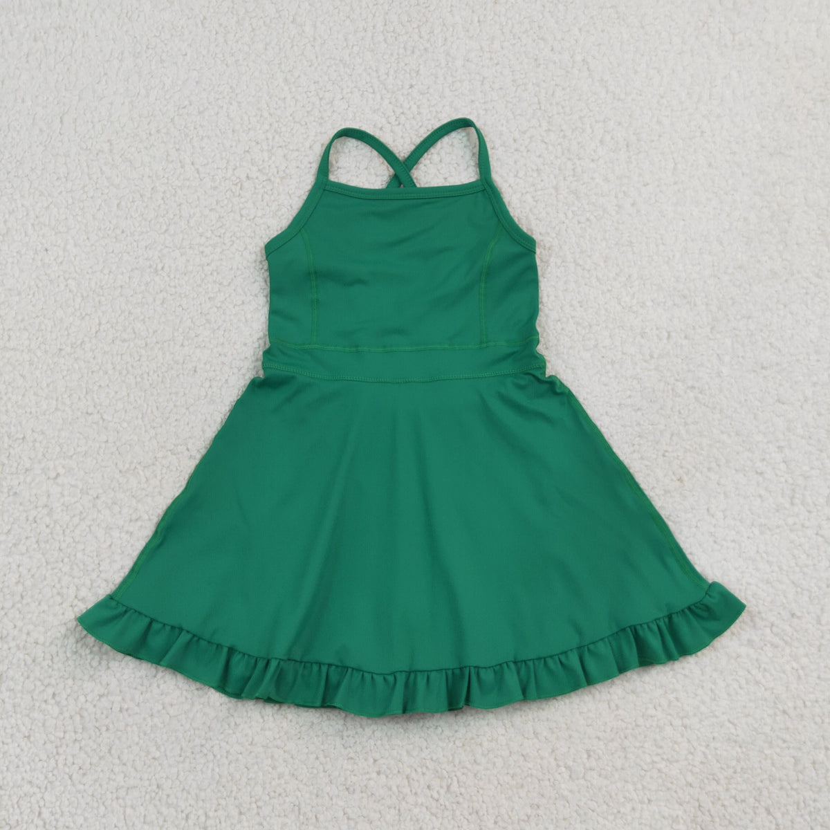 S0782 Baby Girls Dark Green Strap Yoga Active Short Ruffle Knee Length Dress