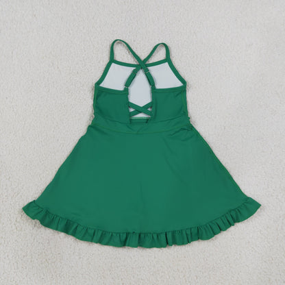 S0782 Baby Girls Dark Green Strap Yoga Active Short Ruffle Knee Length Dress